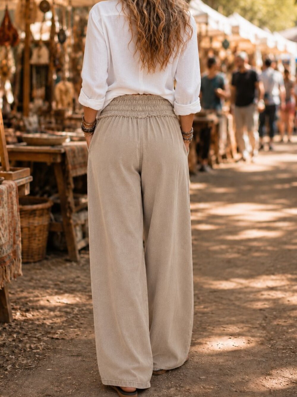 Premium Tencel Mineral Wash Flowy Wide Leg Pants Soft Drapey Neutral Loose Boho - Picture 3 of 12